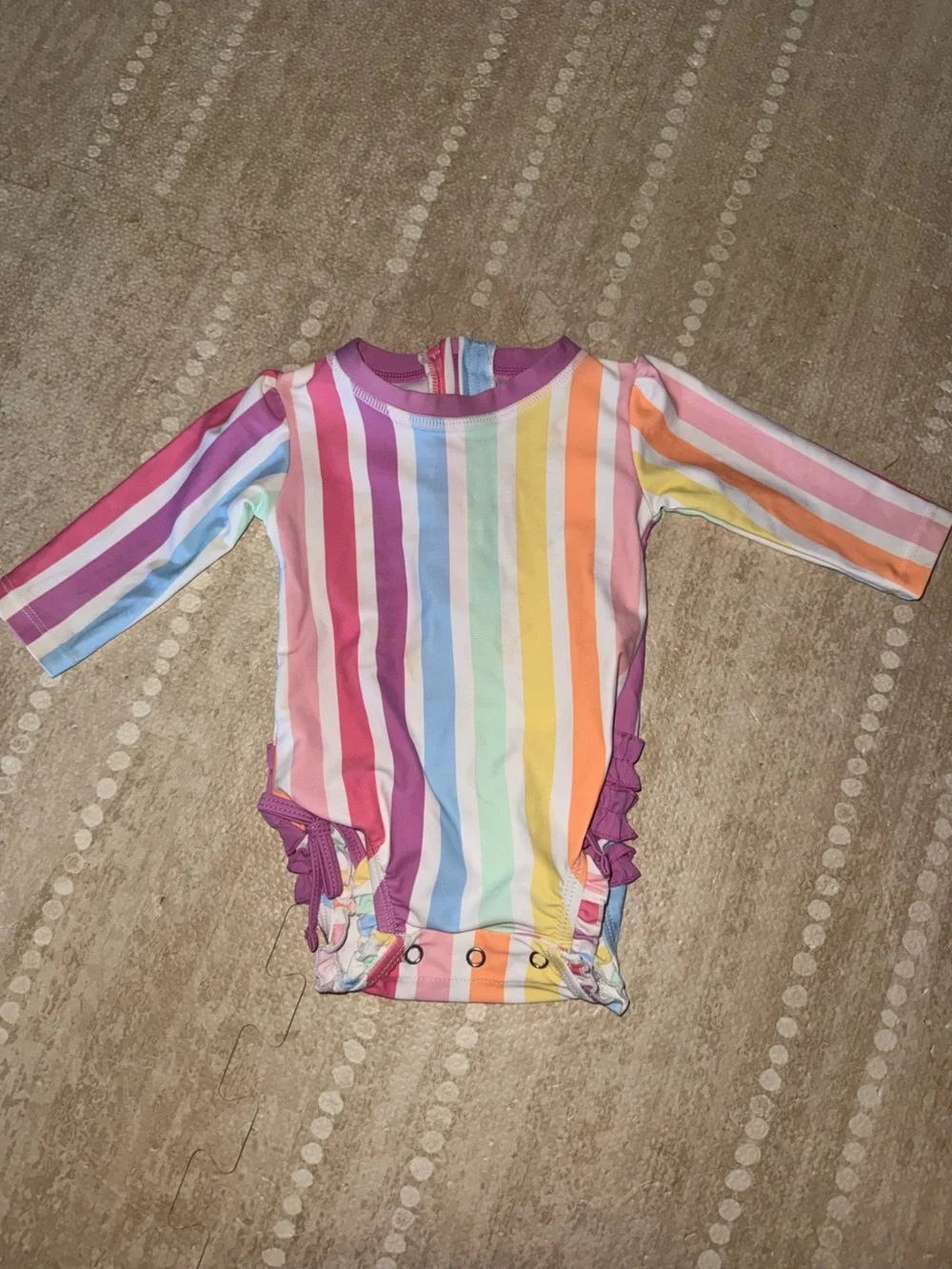 Kids Long Sleeve Rainbow Stripe Swimsuit - Purple Trim